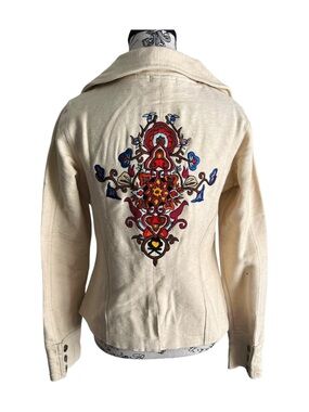 Roxy Lama Embroidered Jacket Cream Beige Boho Folk Art Nepal Cotton Size Medium